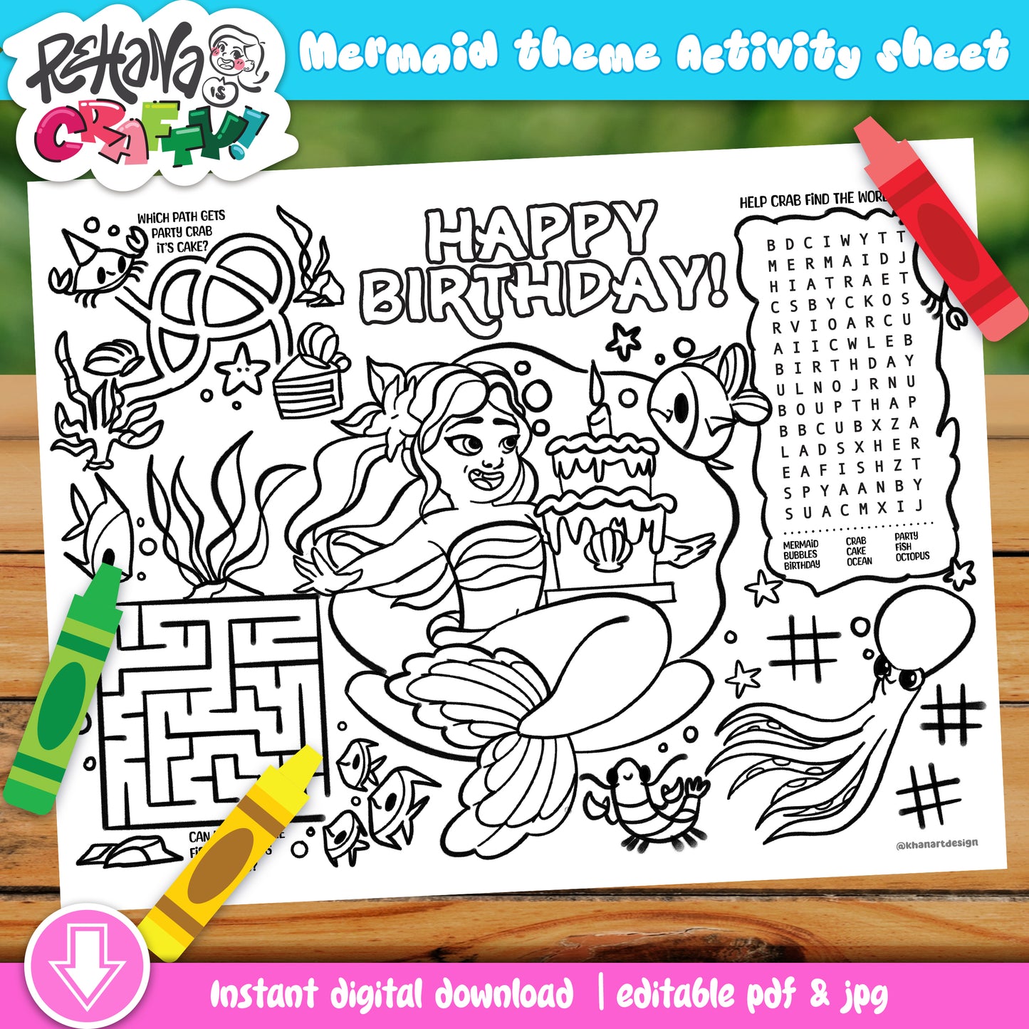 Mermaid Theme Birthday Activity Sheet (Printable) | Mermaid Party Favor | Mermaid Fish Coloring | Kids Activity Sheet