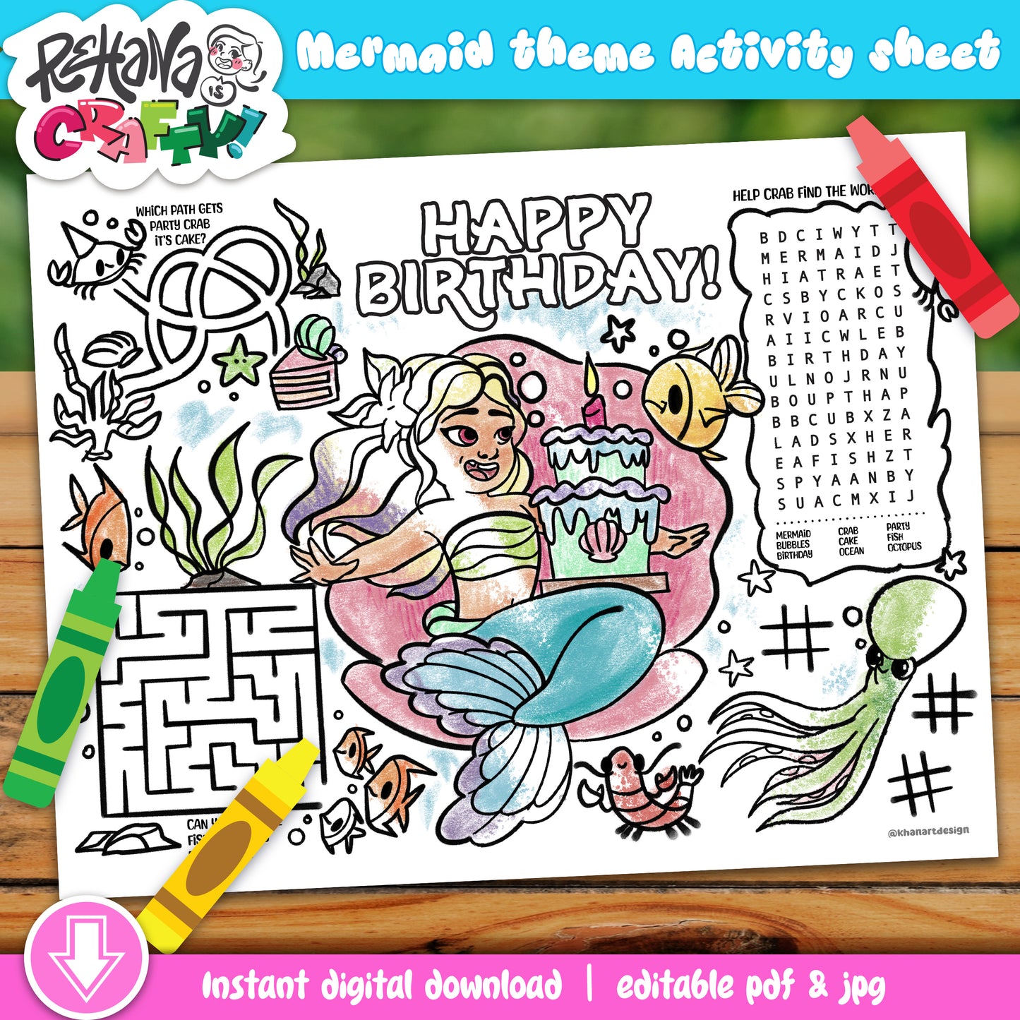 Mermaid Theme Birthday Activity Sheet (Printable) | Mermaid Party Favor | Mermaid Fish Coloring | Kids Activity Sheet