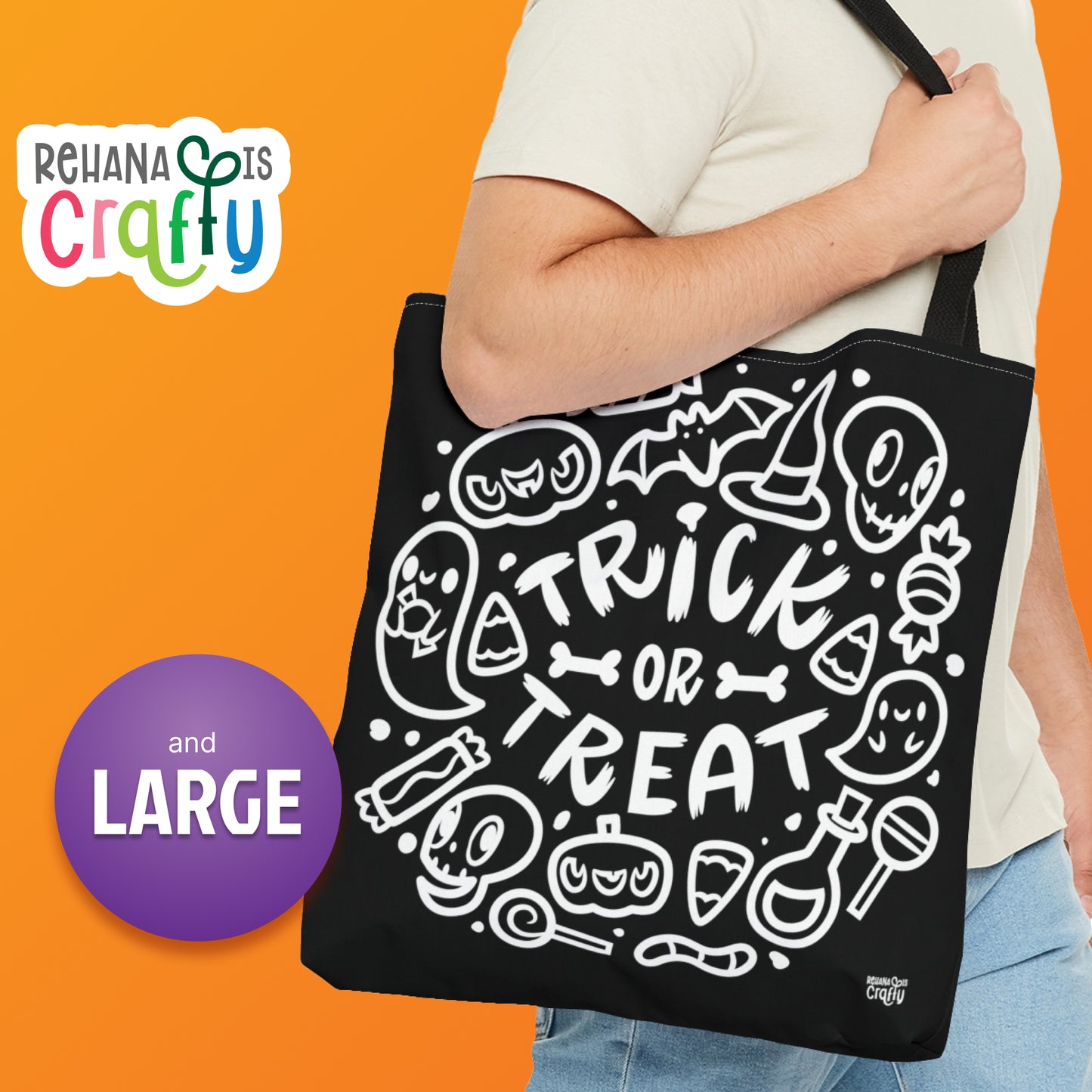Trick or Treat (in Black) | Polyester Tote Bag (illustrations on both sides)