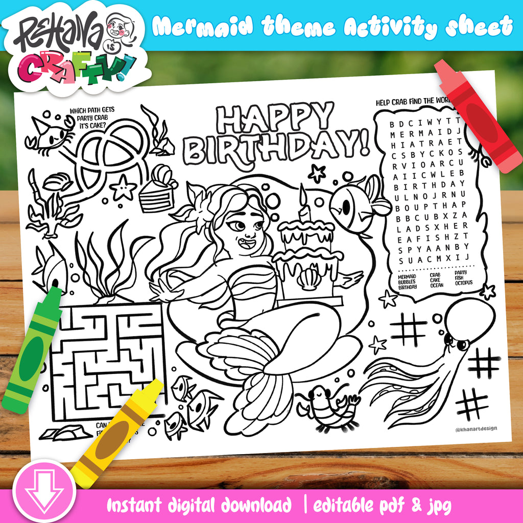 Mermaid Theme Birthday Activity Sheet (Printable) | Mermaid Party Favor | Mermaid Fish Coloring | Kids Activity Sheet