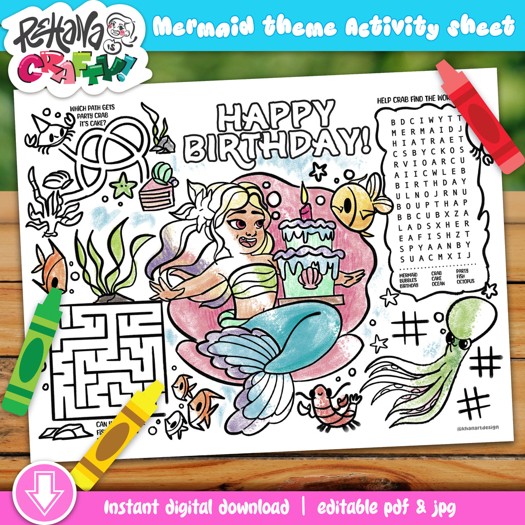 Mermaid Theme Birthday Activity Sheet (Printable) | Mermaid Party Favor | Mermaid Fish Coloring | Kids Activity Sheet