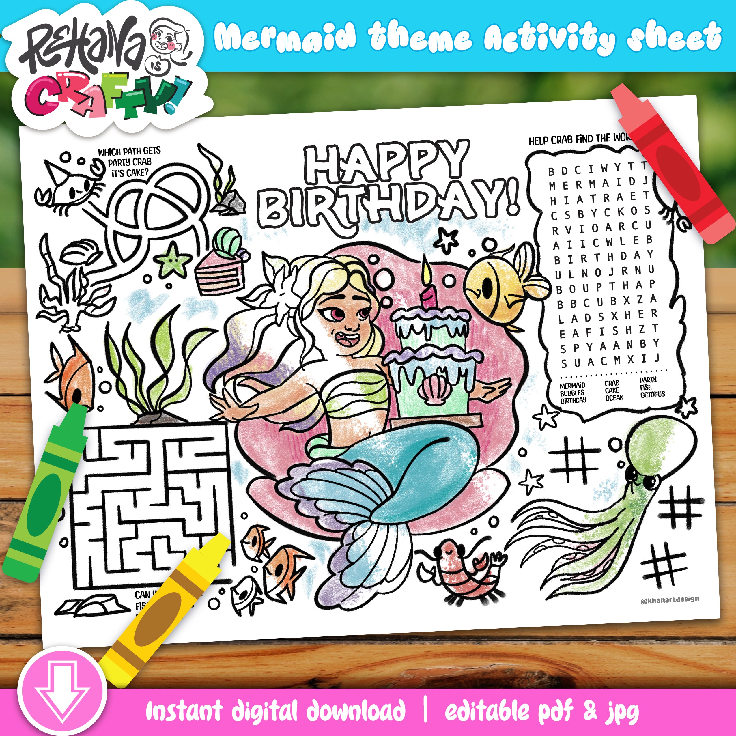 Mermaid Theme Birthday Activity Sheet (Printable) | Mermaid Party Favor | Mermaid Fish Coloring | Kids Activity Sheet