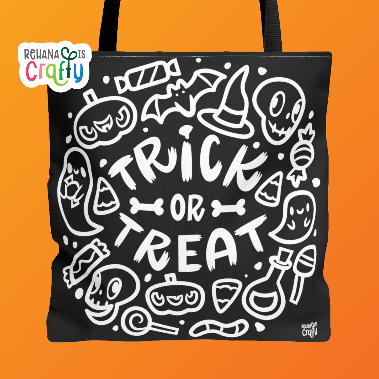 Trick or Treat with Friends (in Black) | Polyester Tote Bag with illustrations on both sides