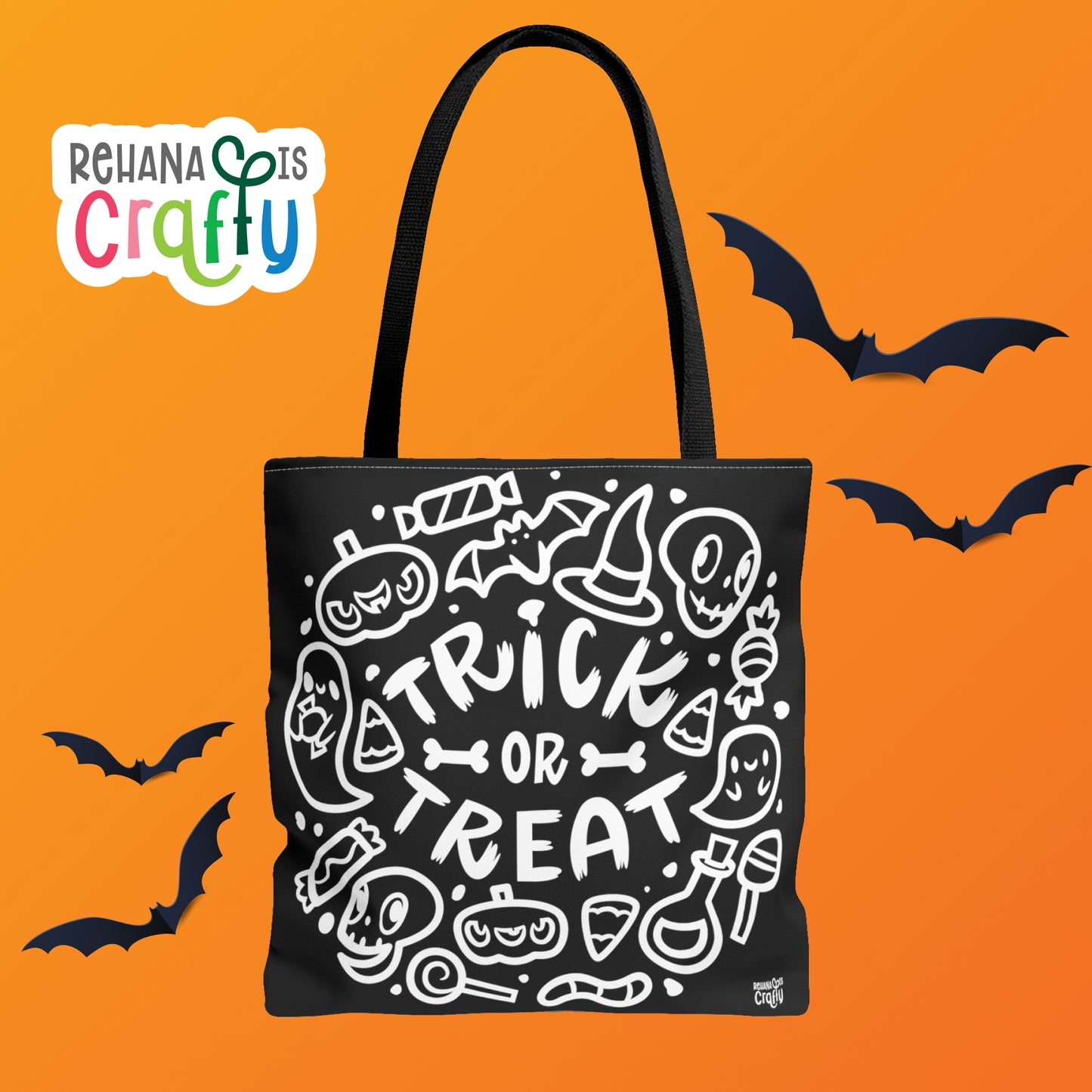 Trick or Treat with Friends (in Black) | Polyester Tote Bag with illustrations on both sides
