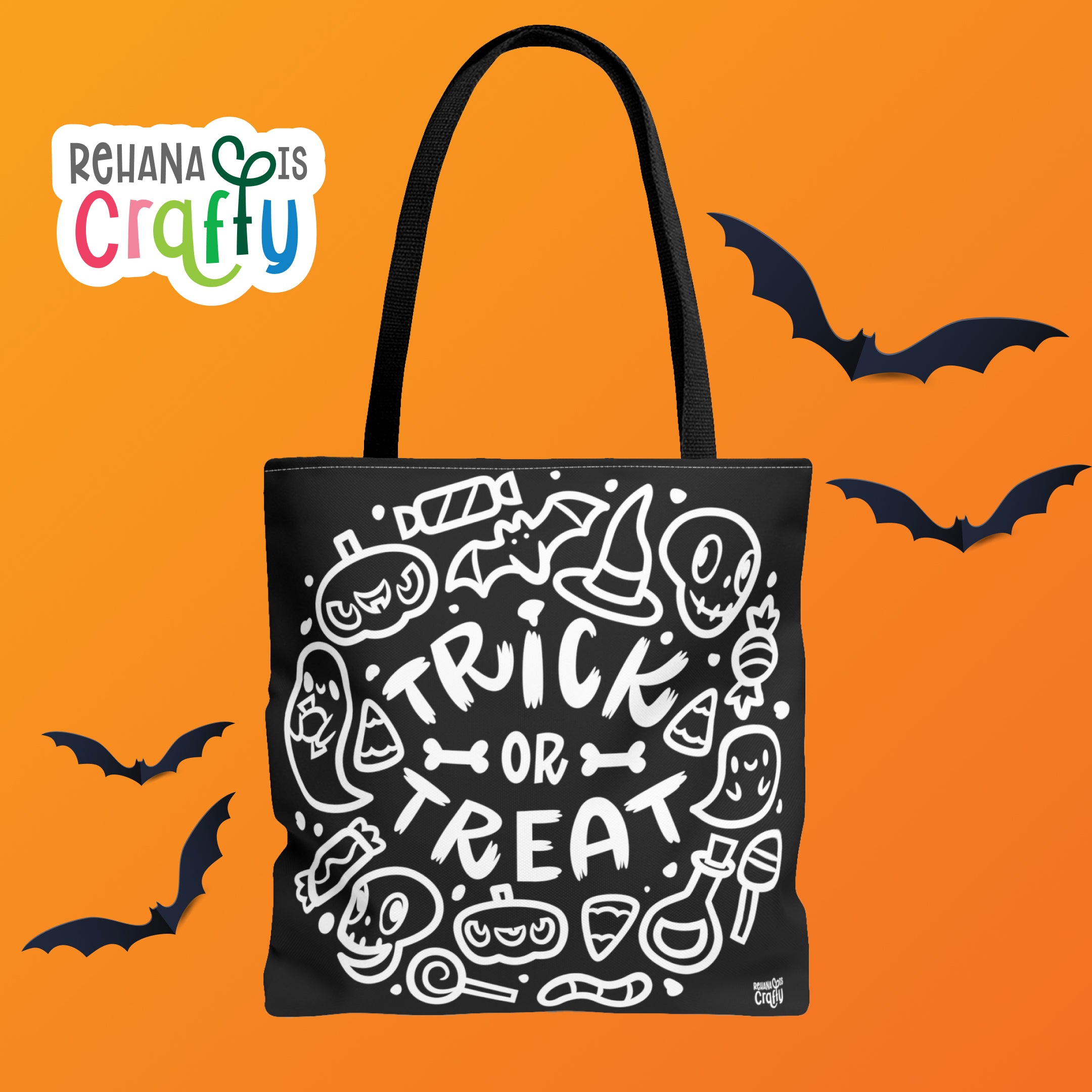 Trick or Treat (in Black) | Polyester Tote Bag (illustrations on both sides)